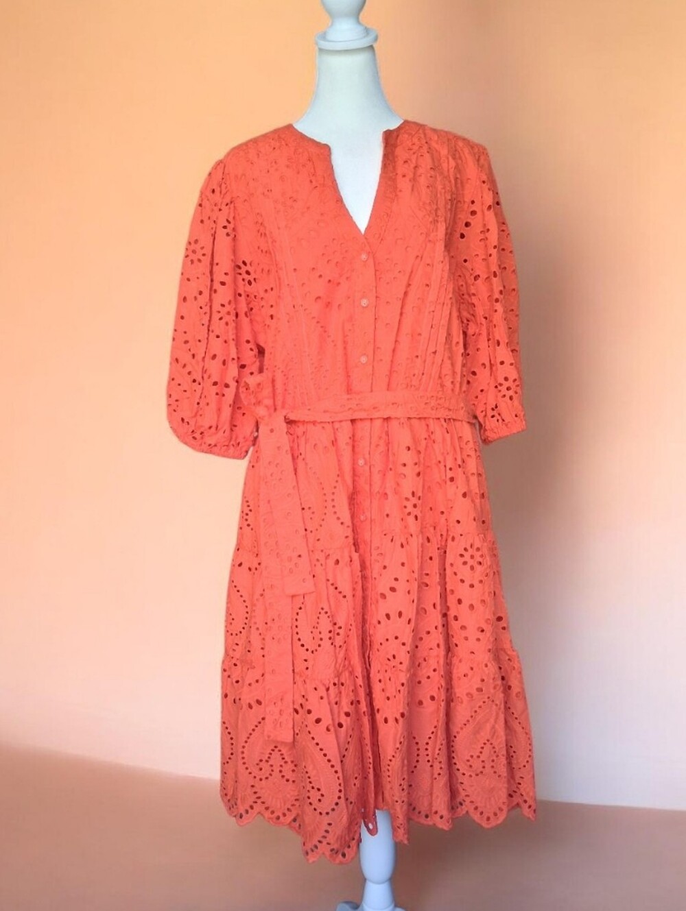 Gibson Latimer Eyelet Puff Sleeve Belted Dress XXL Red 100% Cotton Tangerine